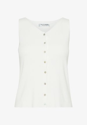 White sleeveless top with a V-neck and a button-down front featuring iridescent buttons, made of a ribbed knit fabric.