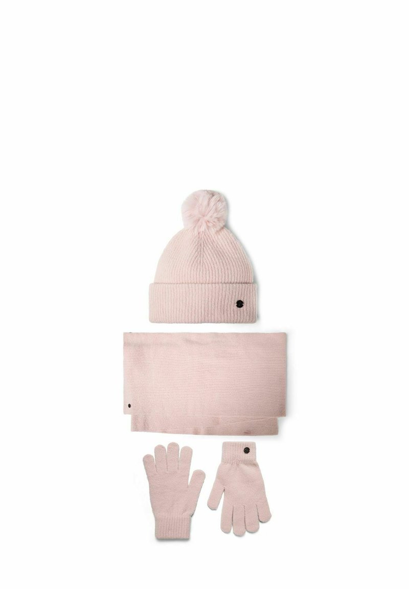 Berretto lavorato a maglia rosa con pompon, sciarpa abbinata e guanti. Texture morbida, design a coste e piccolo logo nero su ogni pezzo.