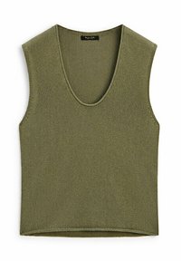 Dark olive green sleeveless knitted top with a deep V-neck; features a textured weave and a straight hemline with no additional embellishments.