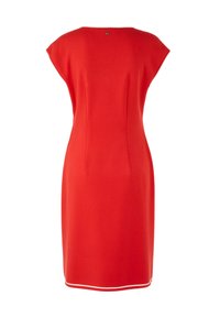Rotes Kleid mit Kappenärmeln, knielang, mit schickem Design, dezenten Rückennaht-Details und kontrastierendem weißen Saum.