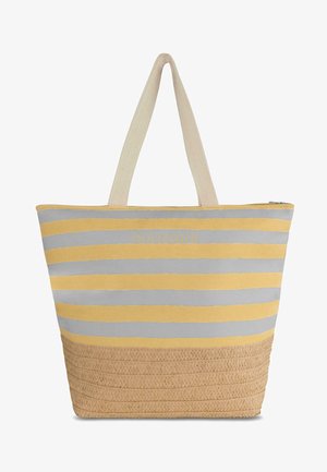 Gestreifte Tragetasche in Gelb und Grau mit einem gewebten, strukturierten Boden. Verfügt über einen stabilen Stoff, lange Griffe und einen Reißverschluss.