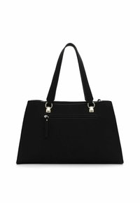 Black handbag made of smooth material, featuring two top handles, a zippered closure, and a front pocket with a zipper detail.