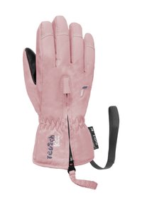 Rosa isolierte Kinderwinterhandschuhe mit schwarzem Handflächen, elastischem Handgelenk, Reißverschluss und angenähtem schwarzen Handgelenkgurt.