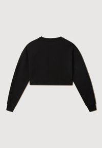 Sweat-shirt court noir avec manches longues et poignets côtelés, présenté à plat sur un fond clair, montrant le dos.