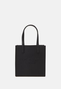 Black tote bag made of textured material featuring embossed "TED BAKER LONDON" logo on the front and dual sturdy handles.