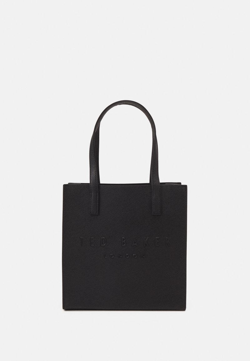 Black tote bag made of textured material featuring embossed "TED BAKER LONDON" logo on the front and dual sturdy handles.