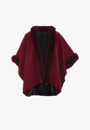 Piros és fekete houndstooth mintás poncsó plüss burgundi szőrmegallérral és mandzsettákkal, fekete puha béléssel. Nyitott elülső kialakítás.