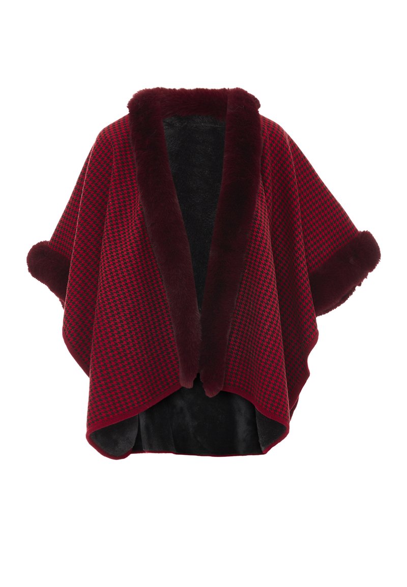 Rød og sort houndstooth poncho med en blød burgunder pelskrave og manchetter, der har en sort blød inderside. Åben frontdesign.