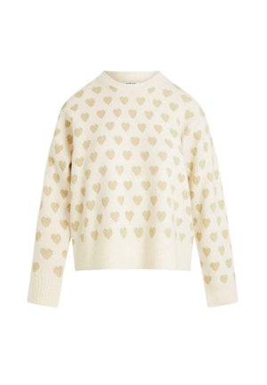 Maglione color crema con design cropped, caratterizzato da un motivo di cuori luccicanti dorati. Il collo e i polsini a coste aggiungono texture.
