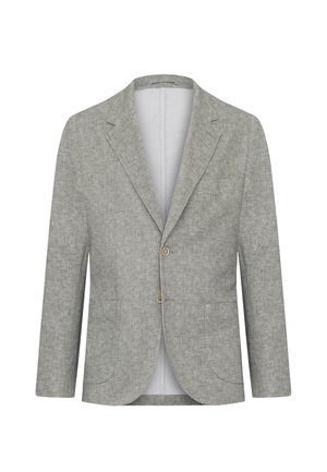 Jasnoszara marynarka na jeden guzik, zapinana na dwa guziki, z klapami wciętymi i trzema naszywanymi kieszeniami na białym tle.