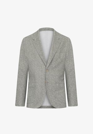 Jasnoszara marynarka na jeden guzik, zapinana na dwa guziki, z klapami wciętymi i trzema naszywanymi kieszeniami na białym tle.