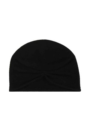 Black knit beanie with a rounded top and a twisted front detail, made from soft fabric. Smooth texture and fitted design.