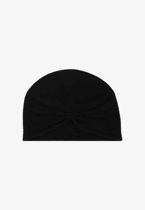 Black knit beanie with a rounded top and a twisted front detail, made from soft fabric. Smooth texture and fitted design.