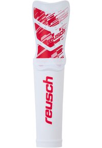 Reusch shin guard in white with red accents. Features a textured surface and a sleek design with geometric patterns and breathable mesh.