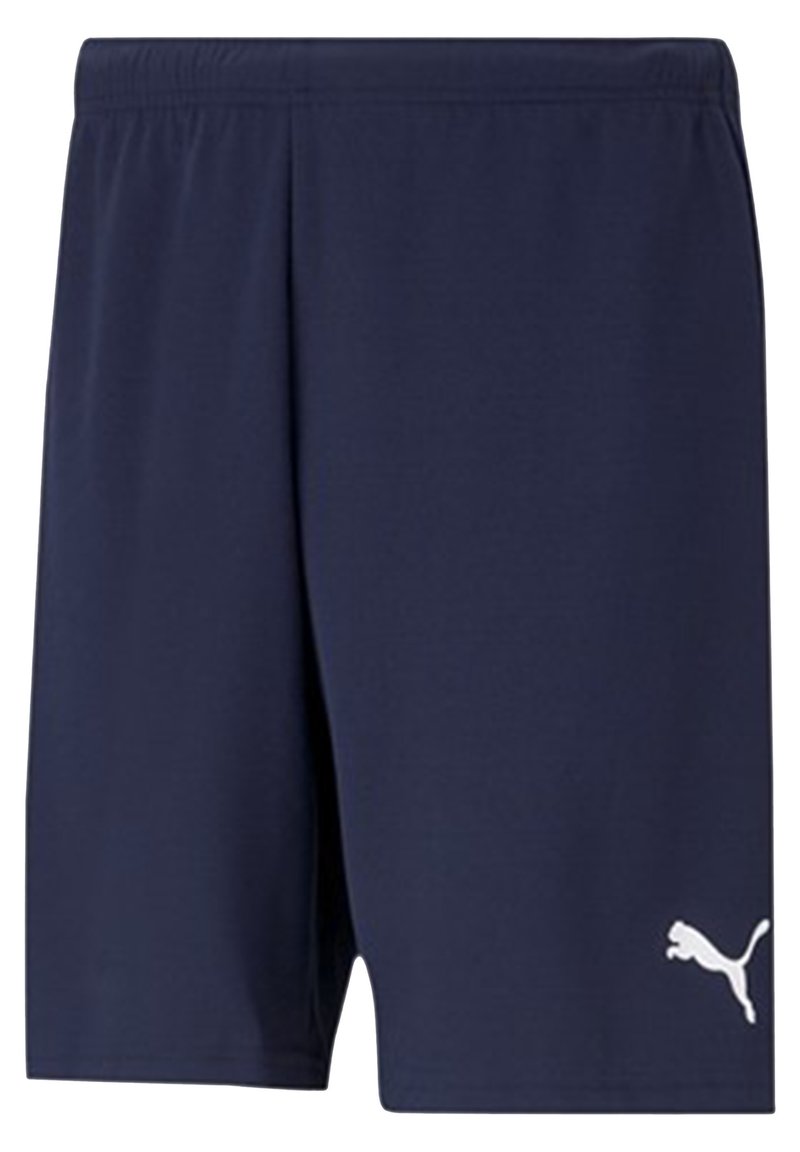 Shorts de sport navy en tissu doux, avec une taille élastique et un accent logo blanc en bas à gauche. Pas de poches visibles.
