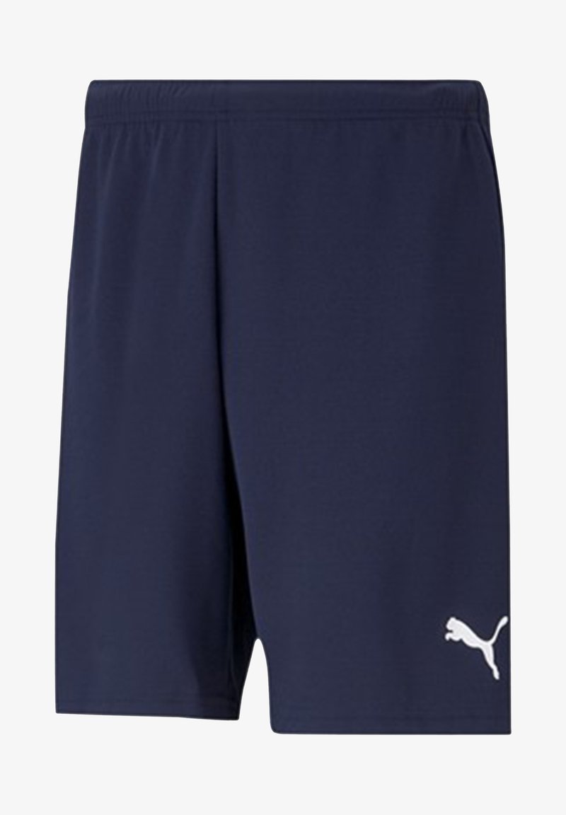Shorts de sport navy en tissu doux, avec une taille élastique et un accent logo blanc en bas à gauche. Pas de poches visibles.