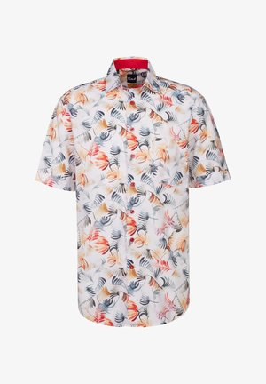 Camicia a maniche corte con bottoni in tessuto leggero, presenta uno sfondo bianco con motivi di foglie colorate in tonalità di arancione, blu e verde.