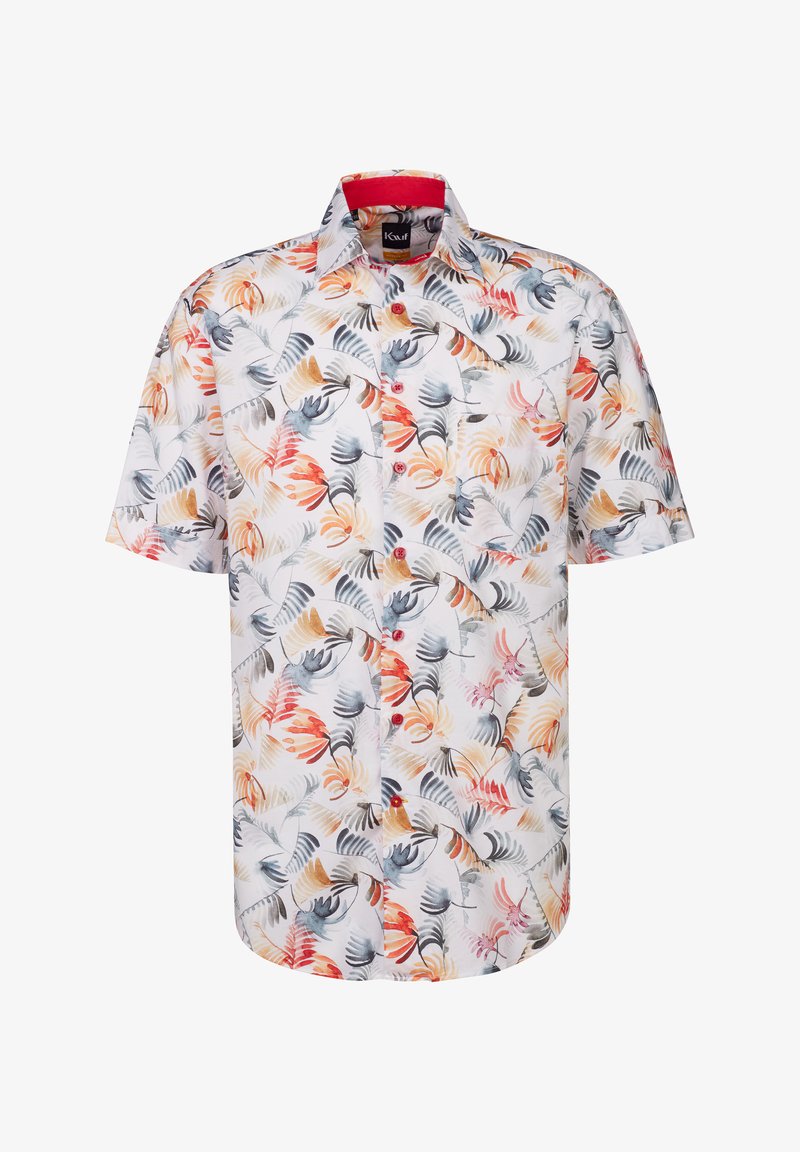 Camicia a maniche corte con bottoni in tessuto leggero, presenta uno sfondo bianco con motivi di foglie colorate in tonalità di arancione, blu e verde.