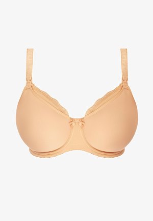 Bežová tvarovaná podprsenka s krajkovým okrajem, nastavitelnými ramínky a dekoračním mašlí uprostřed; hladký povrch a tvarovaný design pro podporu.
