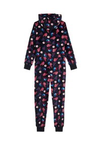 Hooded onesie i mjukt, mörkt tyg med ett färgglatt sporttemat mönster. Inkluderar elastiska ärmslut och en avslappnad passform.