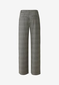 Weite Hosen im schwarz-weißen Hahnentrittmuster, mit einem hohen Bund, zwei Gesäßtaschen und einer glatten Stoffoberfläche.
