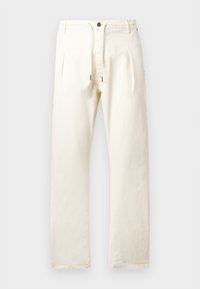 Pantalons beige clair en coton avec une coupe décontractée, dotés d'une taille élastique à cordon, de deux plis sur le devant et d'accents en métal.