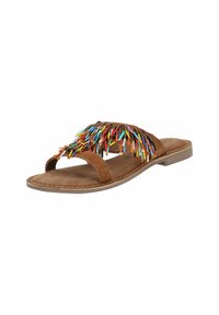 Braune Wildledersandalen mit zwei Riemen und bunten Perlenverzierungen, die in einem Fransenmuster über die Oberseite angeordnet sind. Flache Sohle, geschwungene Form.