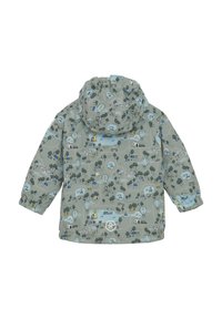 Giacca grigia resistente all'acqua con un motivo giocoso di alberi, veicoli e palloncini. Presenta un cappuccio e polsini elastici per una vestibilità confortevole.