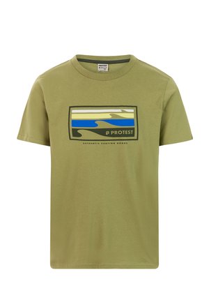 Olive green cotton t-shirt with a rectangular graphic featuring waves in blue, yellow, and beige, and text "AUTHENTIC SURFING GOODS."
