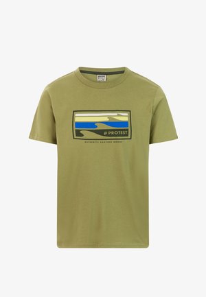 Olive green cotton t-shirt with a rectangular graphic featuring waves in blue, yellow, and beige, and text "AUTHENTIC SURFING GOODS."