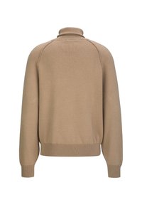 Beige Pullover mit hohem Kragen, gerippten Bündchen und Saum. Hat eine weiche Textur und eine lockere Passform mit Raglanärmelkonstruktion.