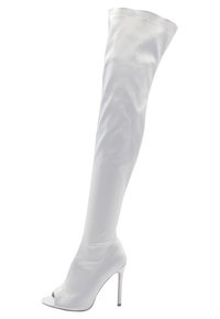 Valkoiset thigh-high -saappaat, jotka on valmistettu sileästä synteettisestä materiaalista. Saappaissa on avokärkinen muotoilu ja korkea stiletto-korko, ja ne ovat saumattomasti viimeisteltyjä.