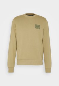 Felpa beige con maniche lunghe, collo a giro, polsini e orlo a coste; presenta un logo quadrato verde sul lato sinistro del petto.