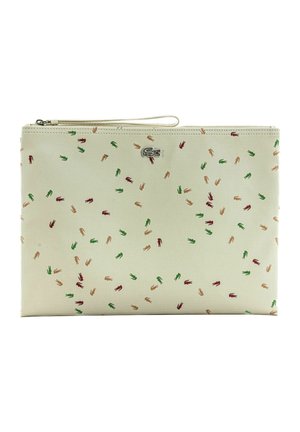 Beige zippered pouch with multicolored small crocodile logos and a metallic crocodile emblem centered near the top.
