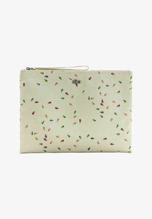 Beige zippered pouch with multicolored small crocodile logos and a metallic crocodile emblem centered near the top.