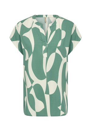 Short-sleeve blouse with abstract green and white leaf-like pattern and a split V-neck collar.