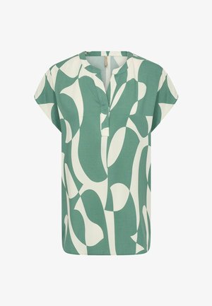 Short-sleeve blouse with abstract green and white leaf-like pattern and a split V-neck collar.