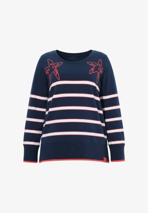 Sudadera de manga larga azul marino con rayas horizontales blancas y rojas. Presenta dos diseños de estrella de mar rojas en los hombros y un dobladillo acanalado.