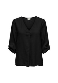 Schwarze Leinenbluse mit V-Ausschnitt, Dreiviertelärmeln und Knopfdetails an den Bündchen. Glatte Textur und lockere Passform.