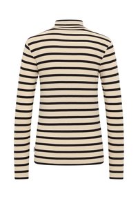 Haut à manches longues rayé avec un col montant. Texture côtelée, base crème avec des rayures horizontales noires. Aucun logo visible.