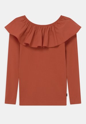 Ruffled long-sleeve top in burnt orange, featuring a wide, gathered neckline and smooth ribbed texture throughout.