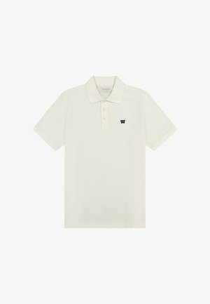 Polo bianca in cotone, con colletto, abbottonatura a tre bottoni, maniche corte e un piccolo logo blu navy sul petto.