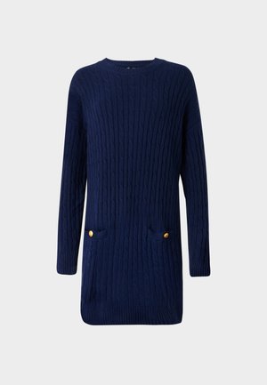 Navy knitted sweater dress with cable pattern, long sleeves, and two front pockets featuring gold-button accents. Soft texture, round neck.