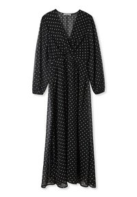 Czarna sukienka w kropki wykonana z lekkiego, przejrzystego materiału. Posiada głęboki dekolt w serek, długie rękawy, marszczoną talię oraz zwiewny dół.