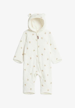 Babykostüm in Cremefarbe mit Kapuze und Bärenohren, verziert mit kleinen Teddybärmustern und einem Reißverschluss vorne.
