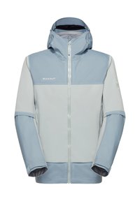Veste d'extérieur à capuche gris clair et bleu avec fermeture éclair intégrale à l'avant, logo Mammut sur la poitrine et manches réglables.