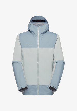 Veste d'extérieur à capuche gris clair et bleu avec fermeture éclair intégrale à l'avant, logo Mammut sur la poitrine et manches réglables.
