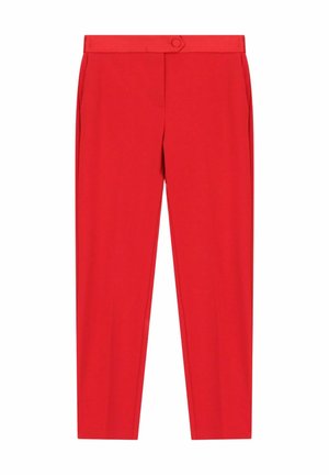 Pantaloni rossi su misura con tasche frontali, vita con cinturino e chiusura con un solo bottone.