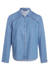 Jasnoniebieska denimowa koszula zapinana na guziki z długimi rękawami, posiadająca kołnierzyk, srebrne guziki i dekoracyjne przeszycia wzdłuż ramion.
