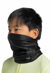 Black neck gaiter made of soft, stretchy material, featuring a smooth texture and subtle wrinkles, with a Buff logo on the lower edge.
